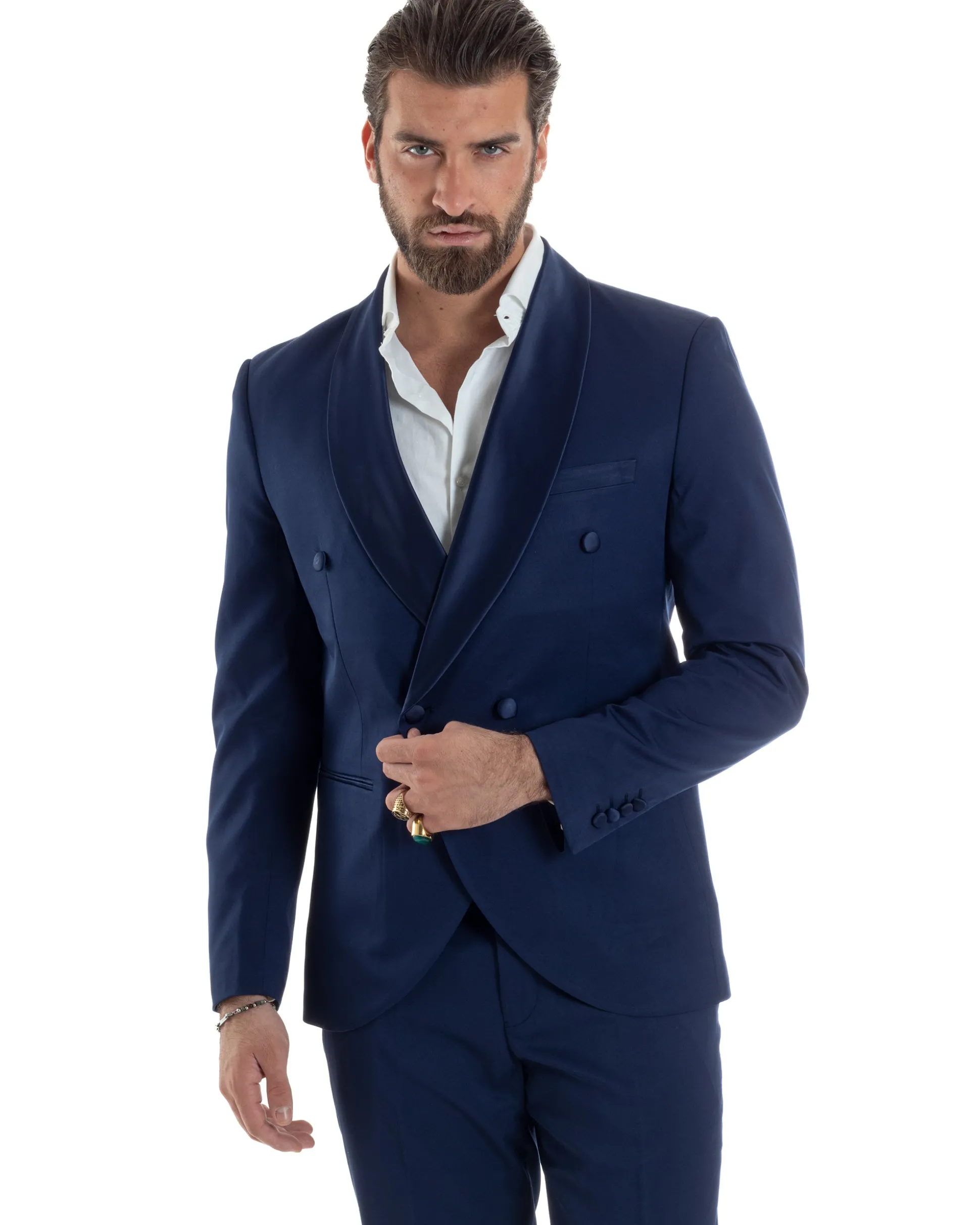 Abito Uomo Doppiopetto Quattro Bottoni Vestito Completo Smoking Rever Sciallato Raso Blu AE1112A