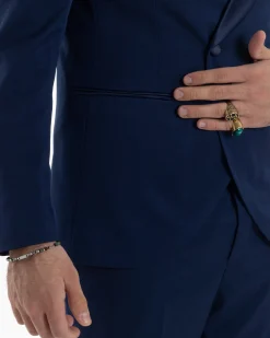Abito Uomo Doppiopetto Quattro Bottoni Vestito Completo Smoking Rever Sciallato Raso Blu AE1112A