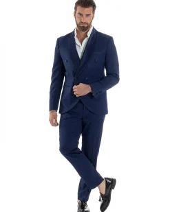Abito Uomo Doppiopetto Quattro Bottoni Vestito Completo Smoking Rever Sciallato Raso Blu AE1112A