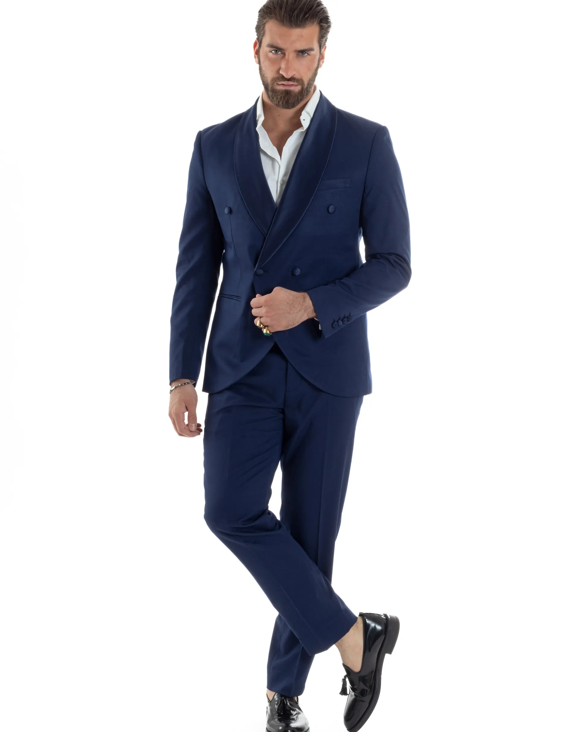 Abito Uomo Doppiopetto Quattro Bottoni Vestito Completo Smoking Rever Sciallato Raso Blu AE1112A