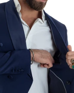 Abito Uomo Doppiopetto Quattro Bottoni Vestito Completo Smoking Rever Sciallato Raso Blu AE1112A