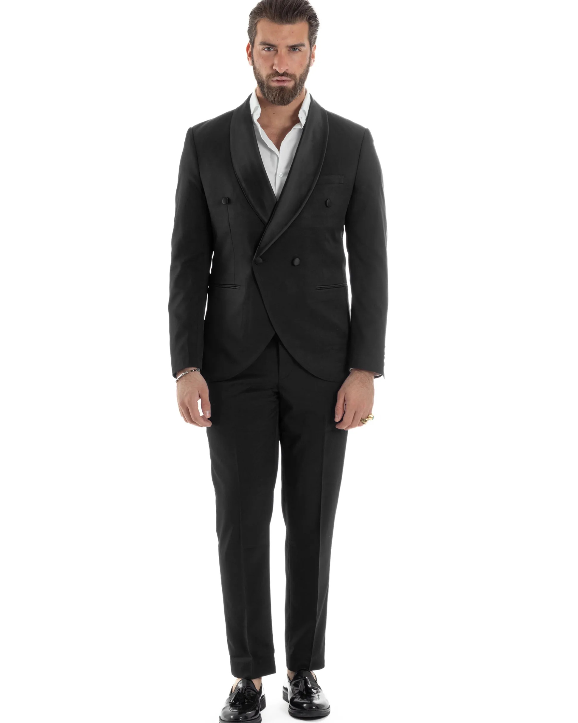 Abito Uomo Doppiopetto Quattro Bottoni Vestito Completo Smoking Rever Sciallato Raso Nero AE1110A