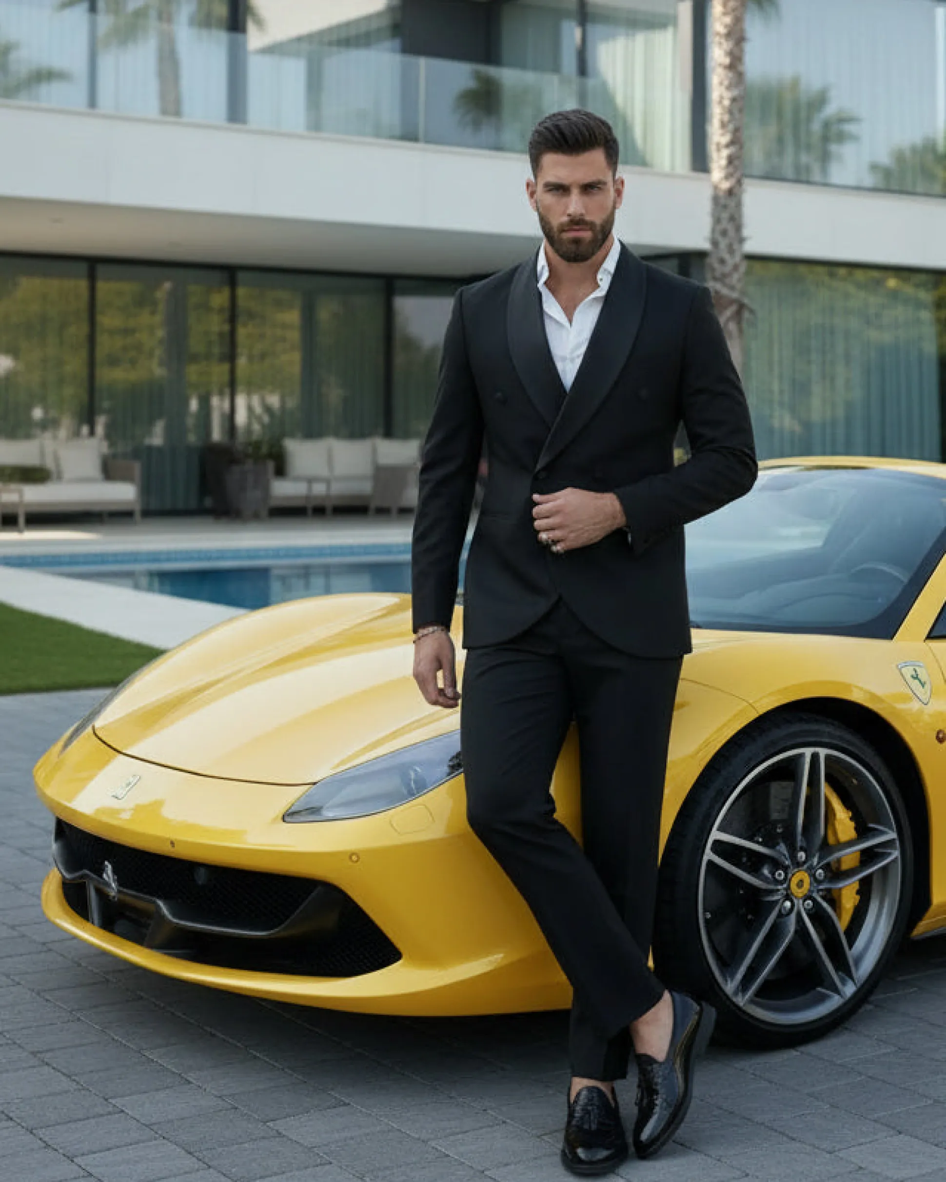 Abito Uomo Doppiopetto Quattro Bottoni Vestito Completo Smoking Rever Sciallato Raso Nero AE1110A