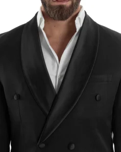 Abito Uomo Doppiopetto Quattro Bottoni Vestito Completo Smoking Rever Sciallato Raso Nero AE1110A