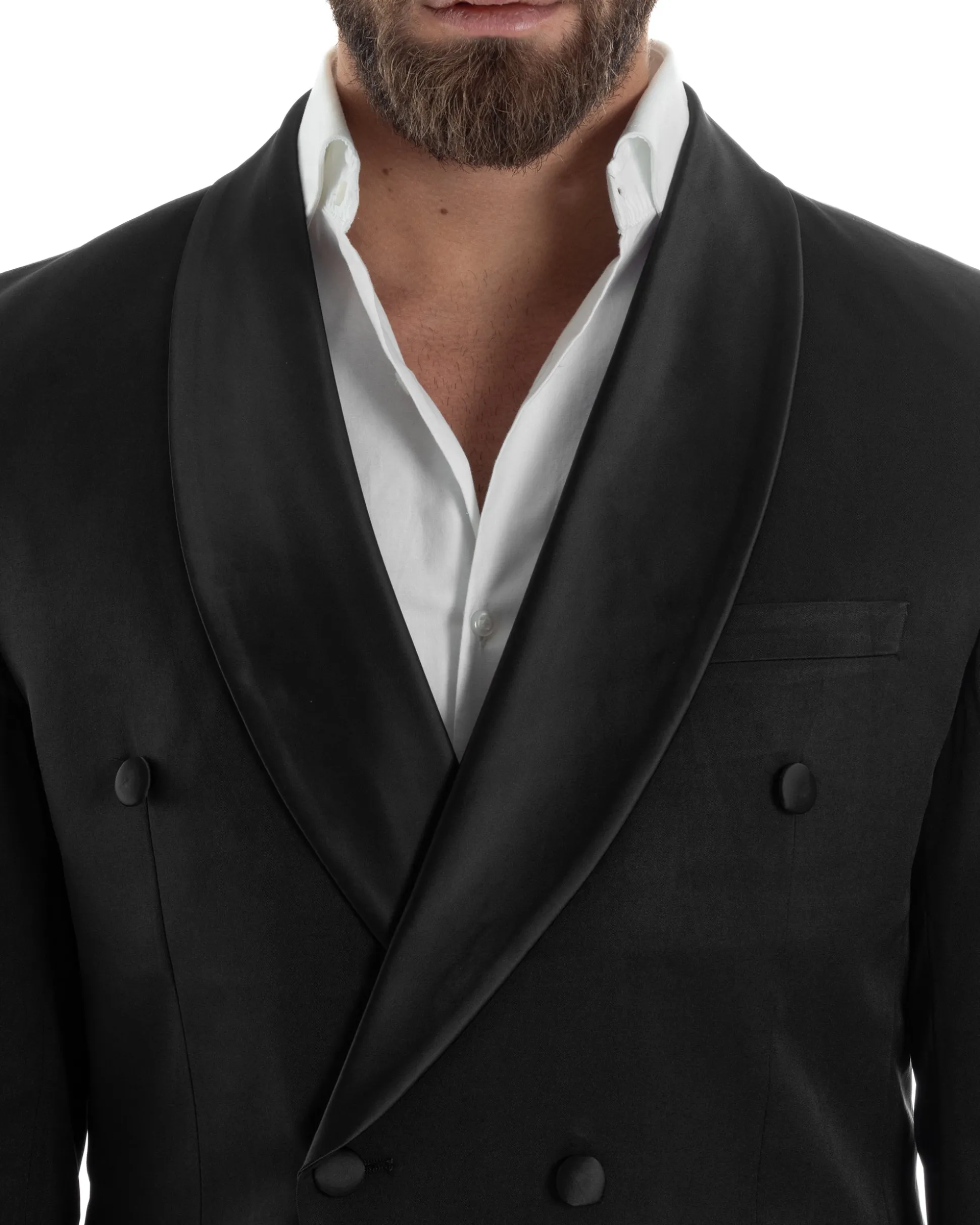 Abito Uomo Doppiopetto Quattro Bottoni Vestito Completo Smoking Rever Sciallato Raso Nero AE1110A
