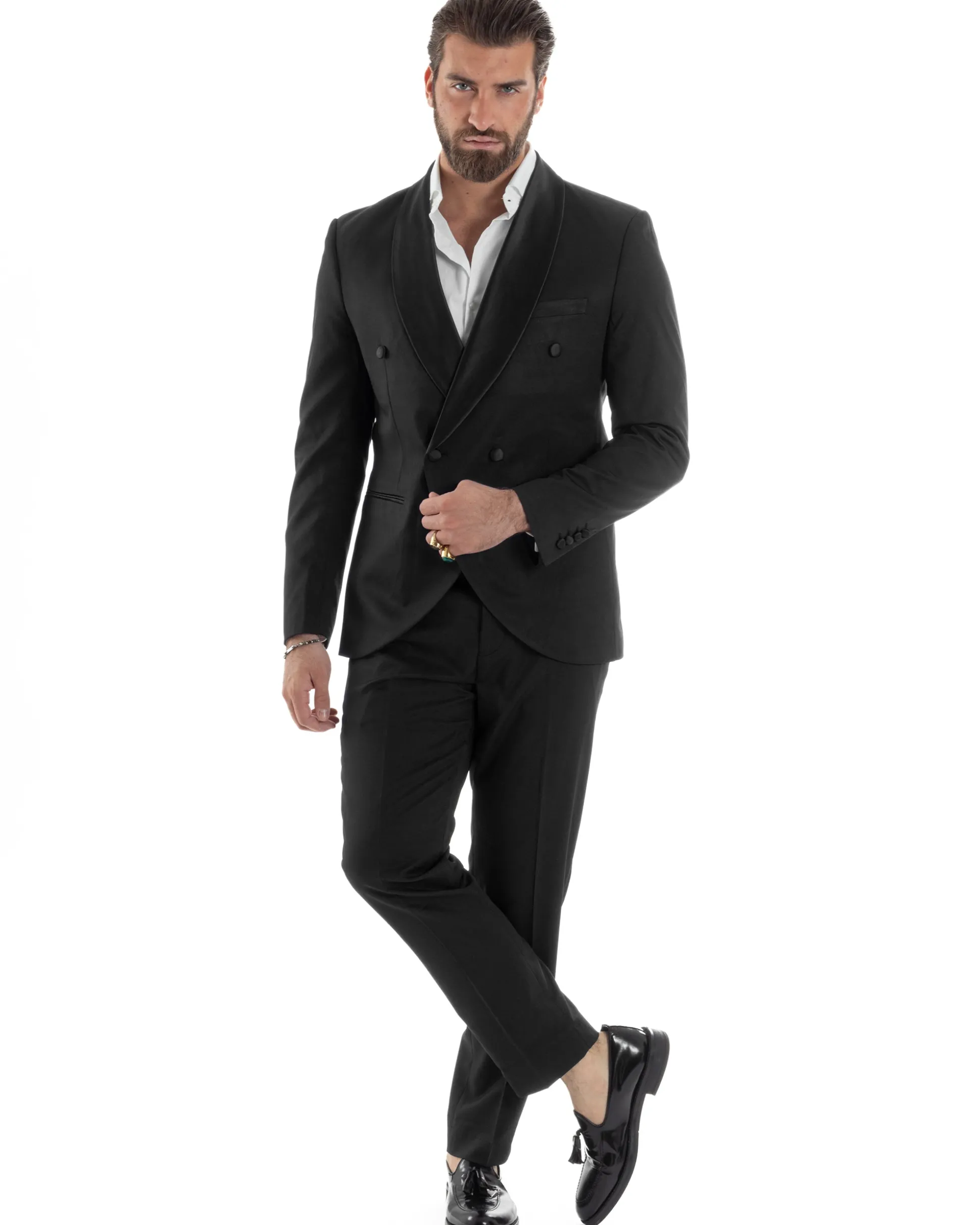 Abito Uomo Doppiopetto Quattro Bottoni Vestito Completo Smoking Rever Sciallato Raso Nero AE1110A