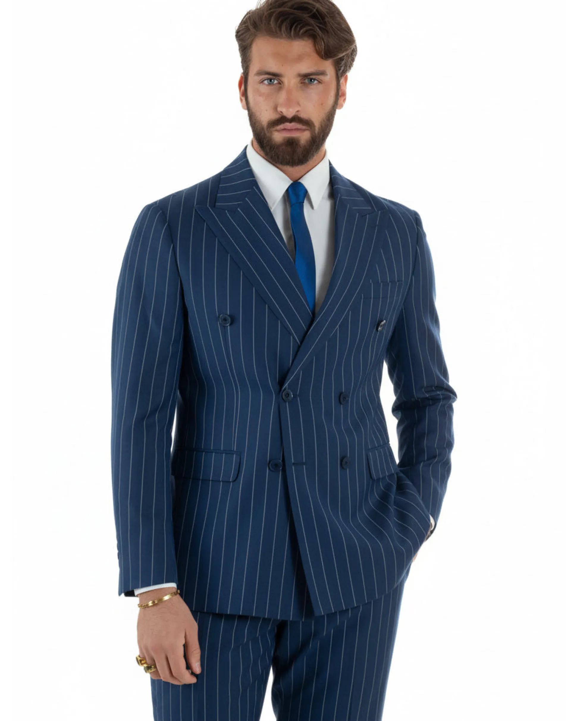 Abito uomo doppiopetto vestito gessato sartoriale rigato blu GIOSAL-AE1214A
