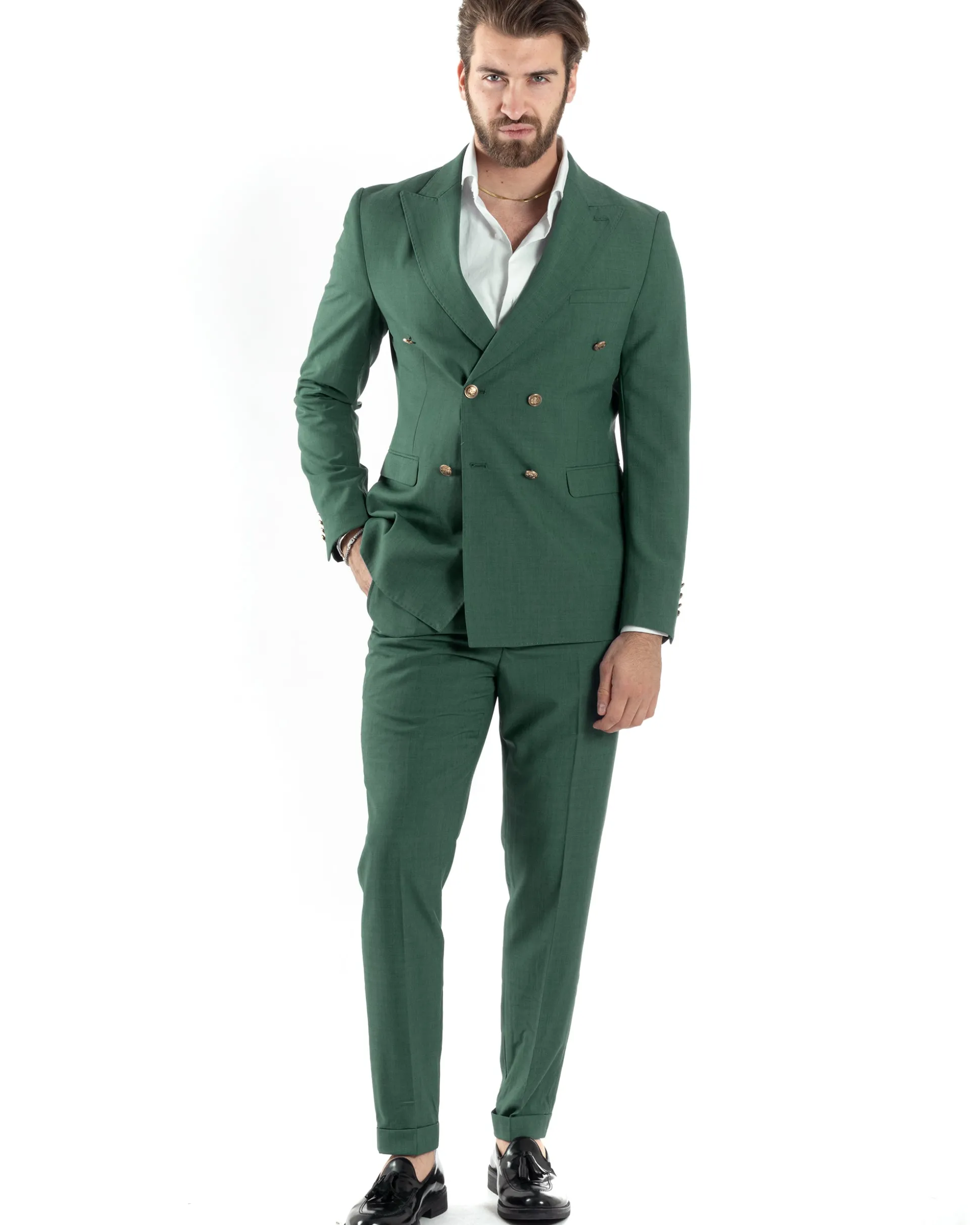 Abito Uomo Doppiopetto Vestito Completo Giacca Pantaloni Bottoni Metallo Verde Melangiato AE1057A