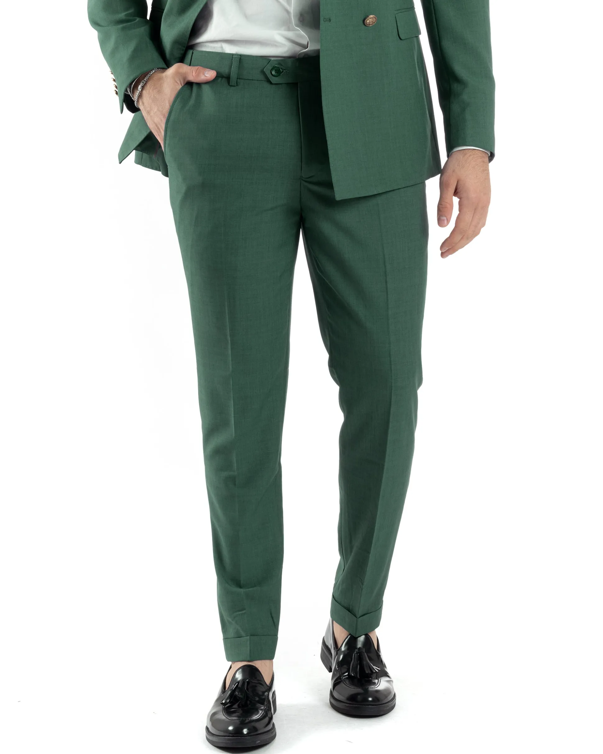 Abito Uomo Doppiopetto Vestito Completo Giacca Pantaloni Bottoni Metallo Verde Melangiato AE1057A
