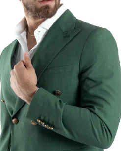 Abito Uomo Doppiopetto Vestito Completo Giacca Pantaloni Bottoni Metallo Verde Melangiato AE1057A