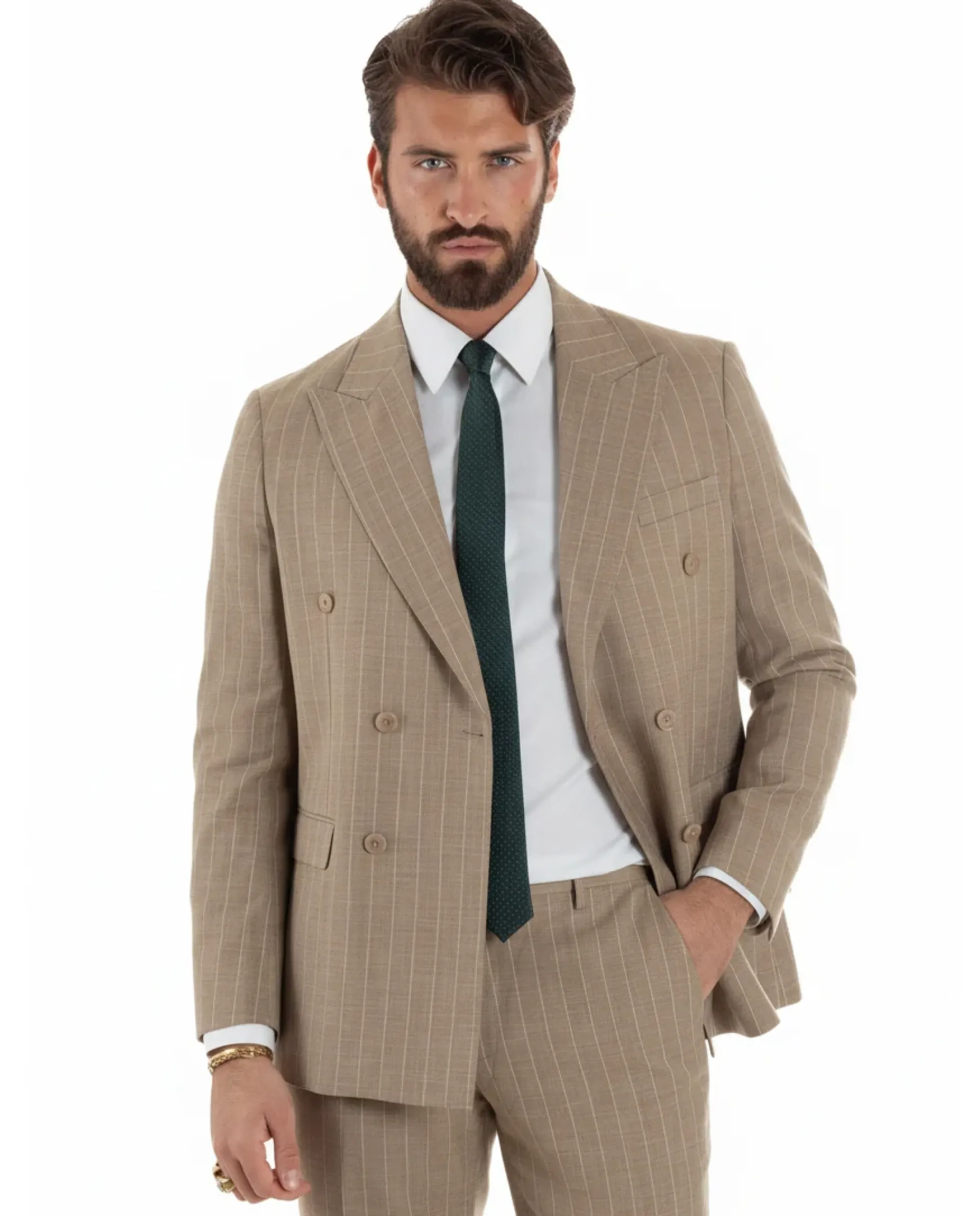 Abito uomo doppiopetto vestito gessato sartoriale rigato beige GIOSAL-AE1215A