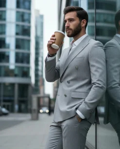 Abito Uomo Doppiopetto Vestito Completo Rigato Giacca Pantaloni Bottoni Metallo Fantasia Gessata Grigio AE1132A