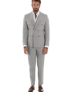 Abito Uomo Doppiopetto Vestito Completo Rigato Giacca Pantaloni Bottoni Metallo Fantasia Gessata Grigio AE1132A