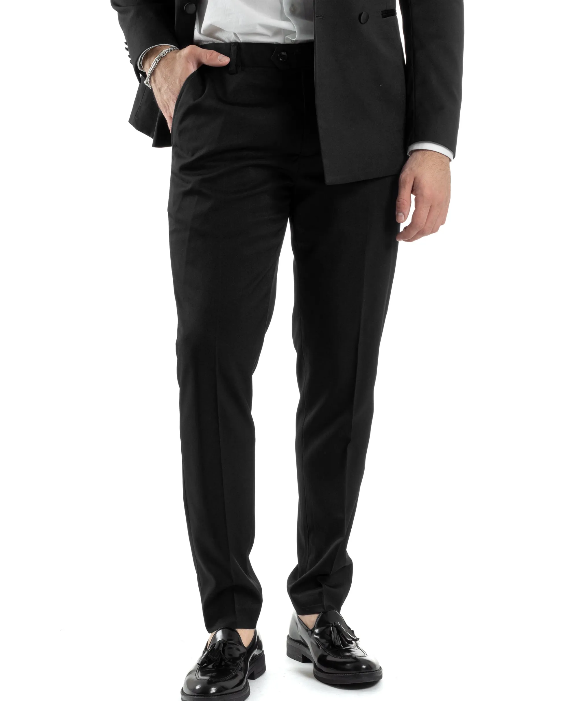 Abito Uomo Doppiopetto Vestito Completo Giacca Rever In Raso Pantaloni Smoking Nero AE1051A