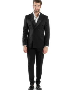Abito Uomo Doppiopetto Vestito Completo Giacca Rever In Raso Pantaloni Smoking Nero AE1051A