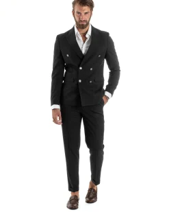 Abito Uomo Doppiopetto Vestito Completo Rigato Giacca Pantaloni Bottoni Metallo Fantasia Gessata Nero AE1103A