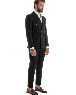 Abito Uomo Doppiopetto Vestito Completo Rigato Giacca Pantaloni Bottoni Metallo Fantasia Gessata Nero AE1103A