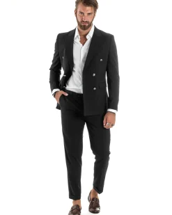 Abito Uomo Doppiopetto Vestito Completo Rigato Giacca Pantaloni Bottoni Metallo Fantasia Gessata Nero AE1103A