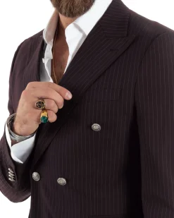 Abito Uomo Doppiopetto Vestito Completo Rigato Giacca Pantaloni Bottoni Metallo Fantasia Gessata Bordeaux AE1102A