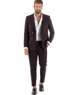 Abito Uomo Doppiopetto Vestito Completo Rigato Giacca Pantaloni Bottoni Metallo Fantasia Gessata Bordeaux AE1102A