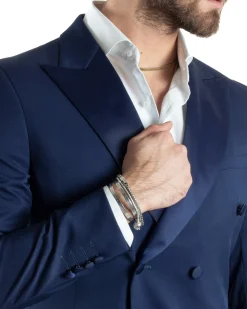 Abito Uomo Doppiopetto Vestito Completo Giacca Rever In Raso Pantaloni Smoking Blu AE1050A