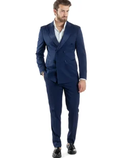 Abito Uomo Doppiopetto Vestito Completo Giacca Rever In Raso Pantaloni Smoking Blu AE1050A