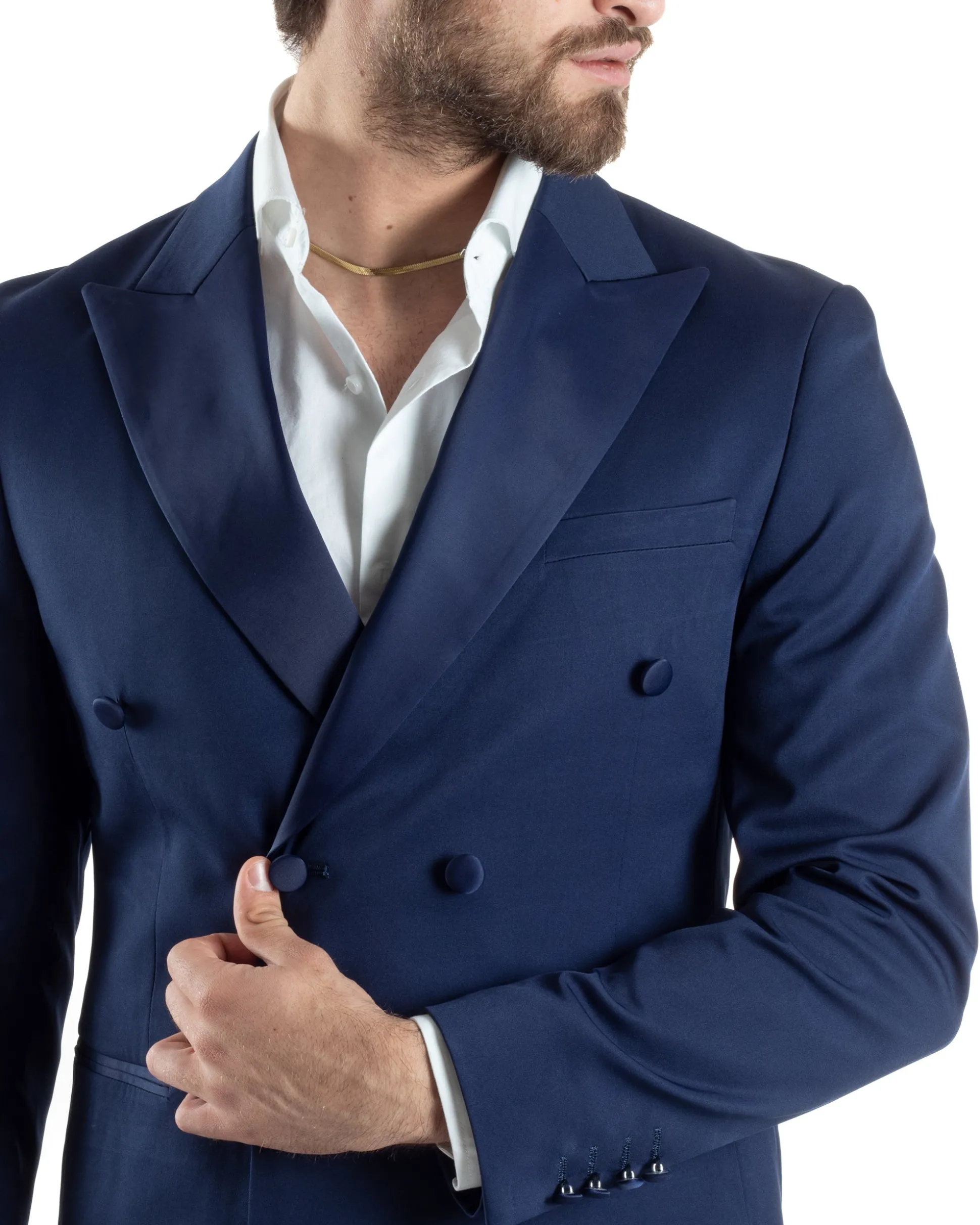 Abito Uomo Doppiopetto Vestito Completo Giacca Rever In Raso Pantaloni Smoking Blu AE1050A