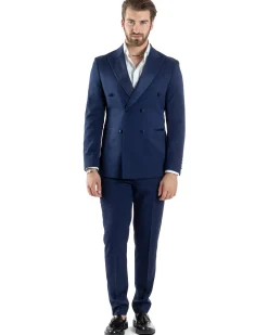 Abito Uomo Doppiopetto Vestito Completo Giacca Rever In Raso Pantaloni Smoking Blu AE1050A