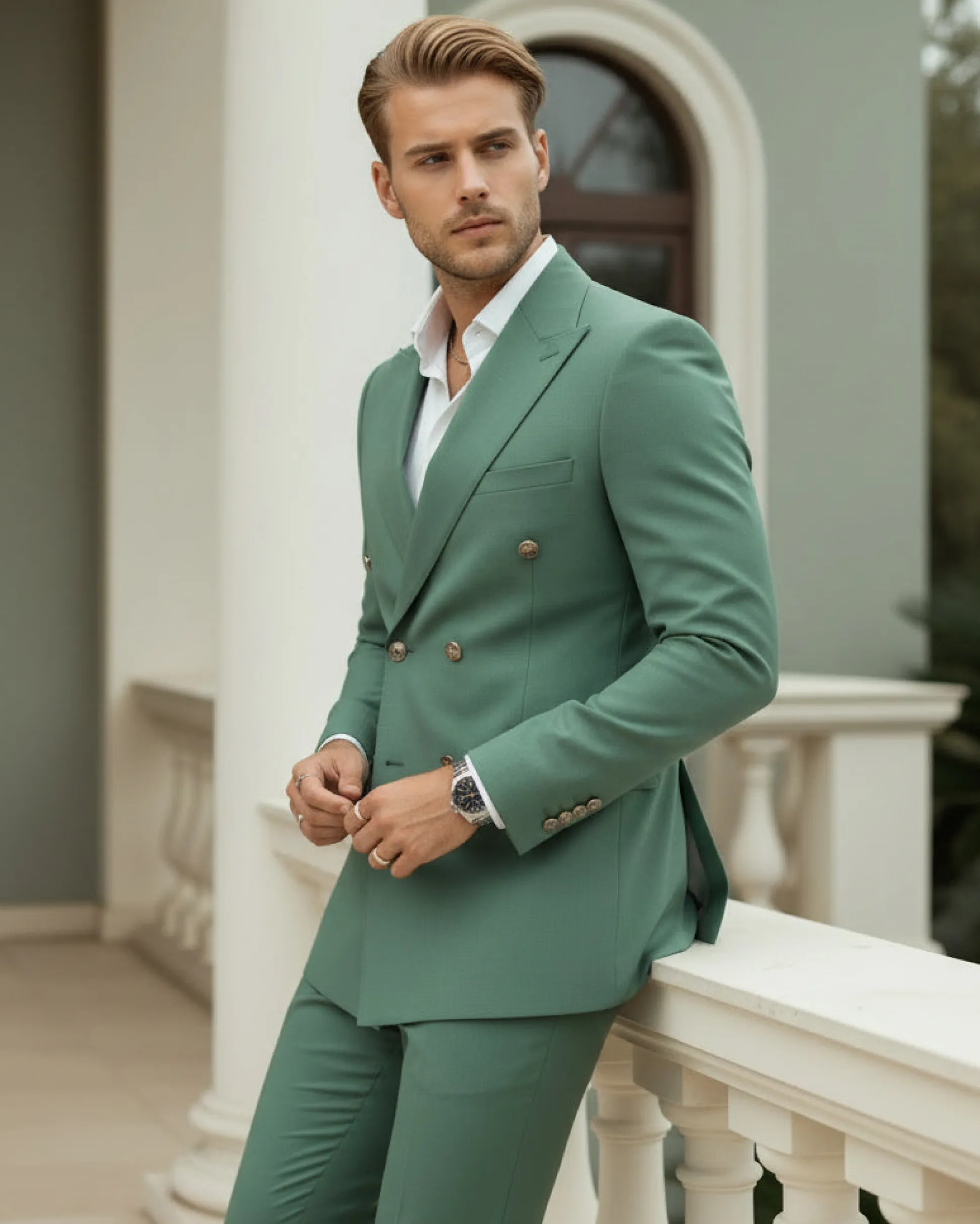 Abito Uomo Doppiopetto Vestito Completo Giacca Pantaloni Bottoni Metallo Verde Salvia AE1162A
