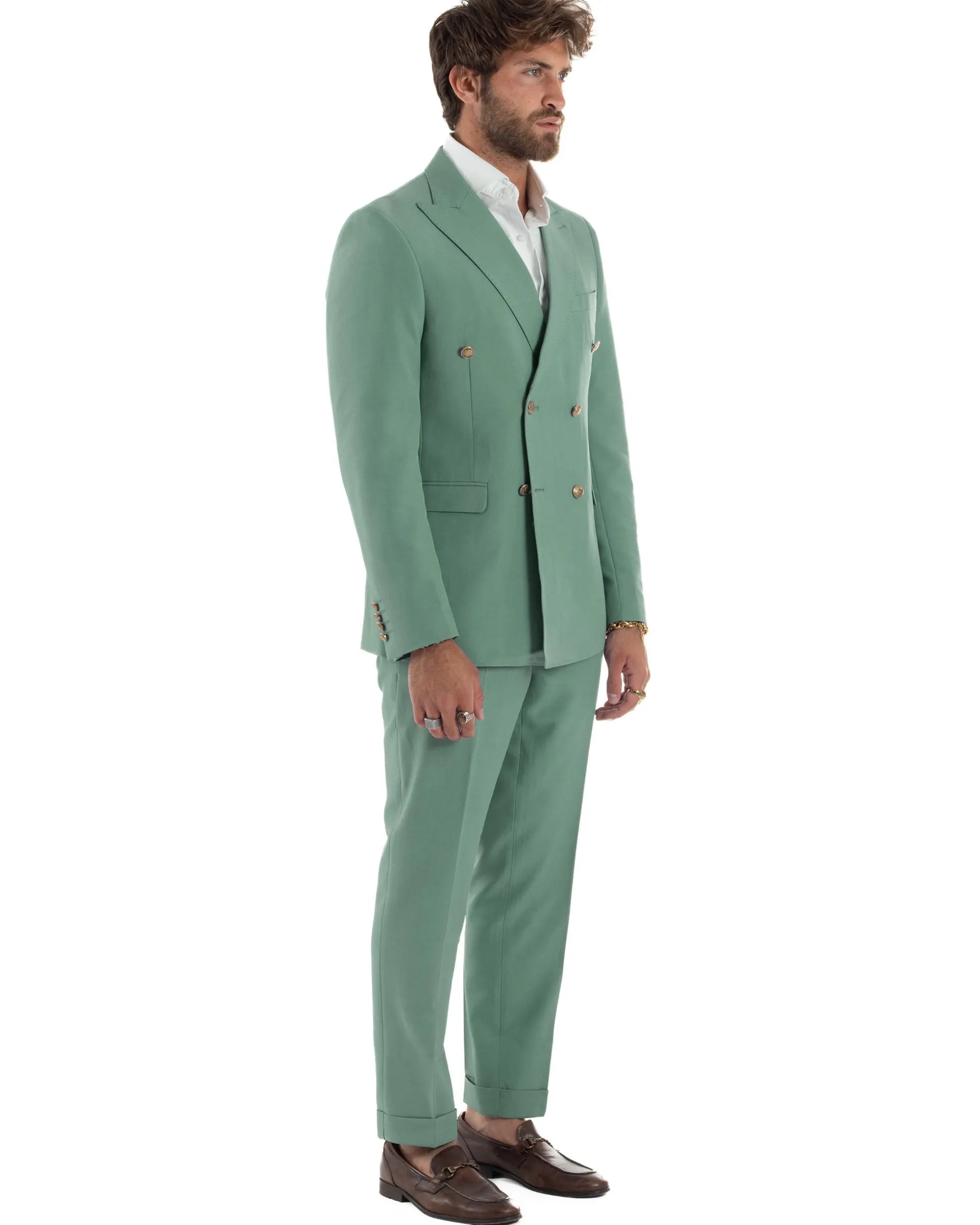 Abito Uomo Doppiopetto Vestito Completo Giacca Pantaloni Bottoni Metallo Verde Salvia AE1162A