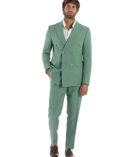 Abito Uomo Doppiopetto Vestito Completo Giacca Pantaloni Bottoni Metallo Verde Salvia AE1162A