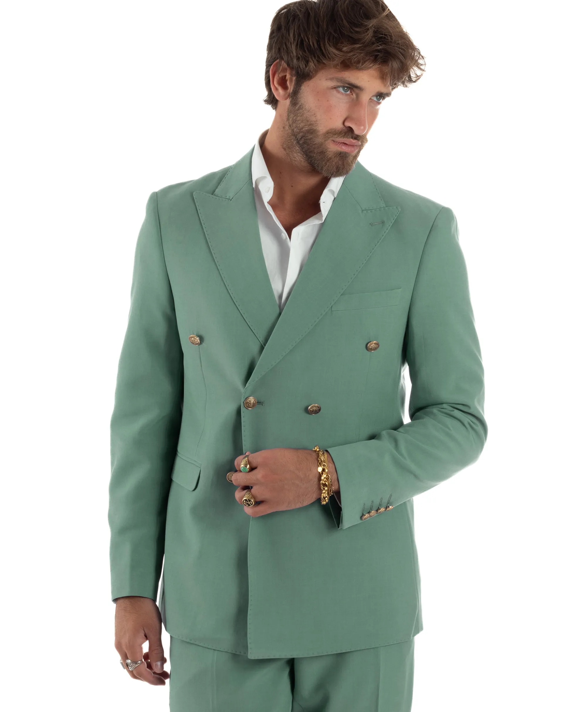 Abito Uomo Doppiopetto Vestito Completo Giacca Pantaloni Bottoni Metallo Verde Salvia AE1162A