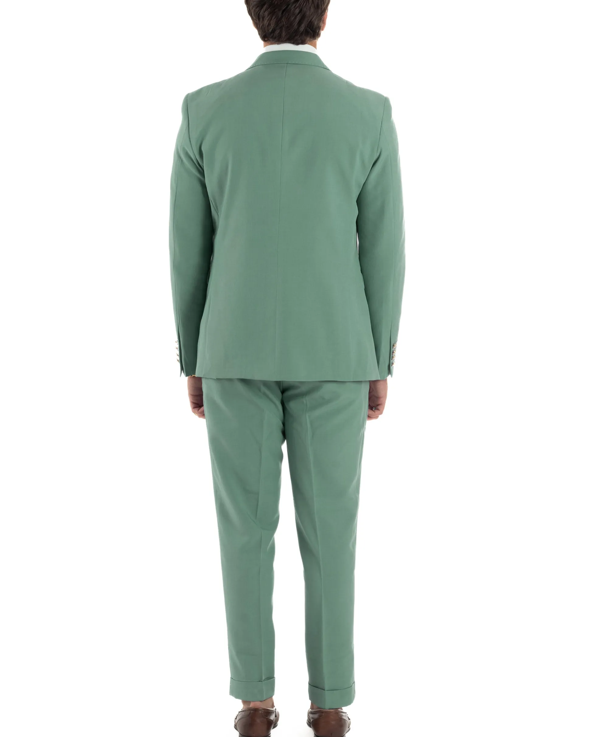 Abito Uomo Doppiopetto Vestito Completo Giacca Pantaloni Bottoni Metallo Verde Salvia AE1162A
