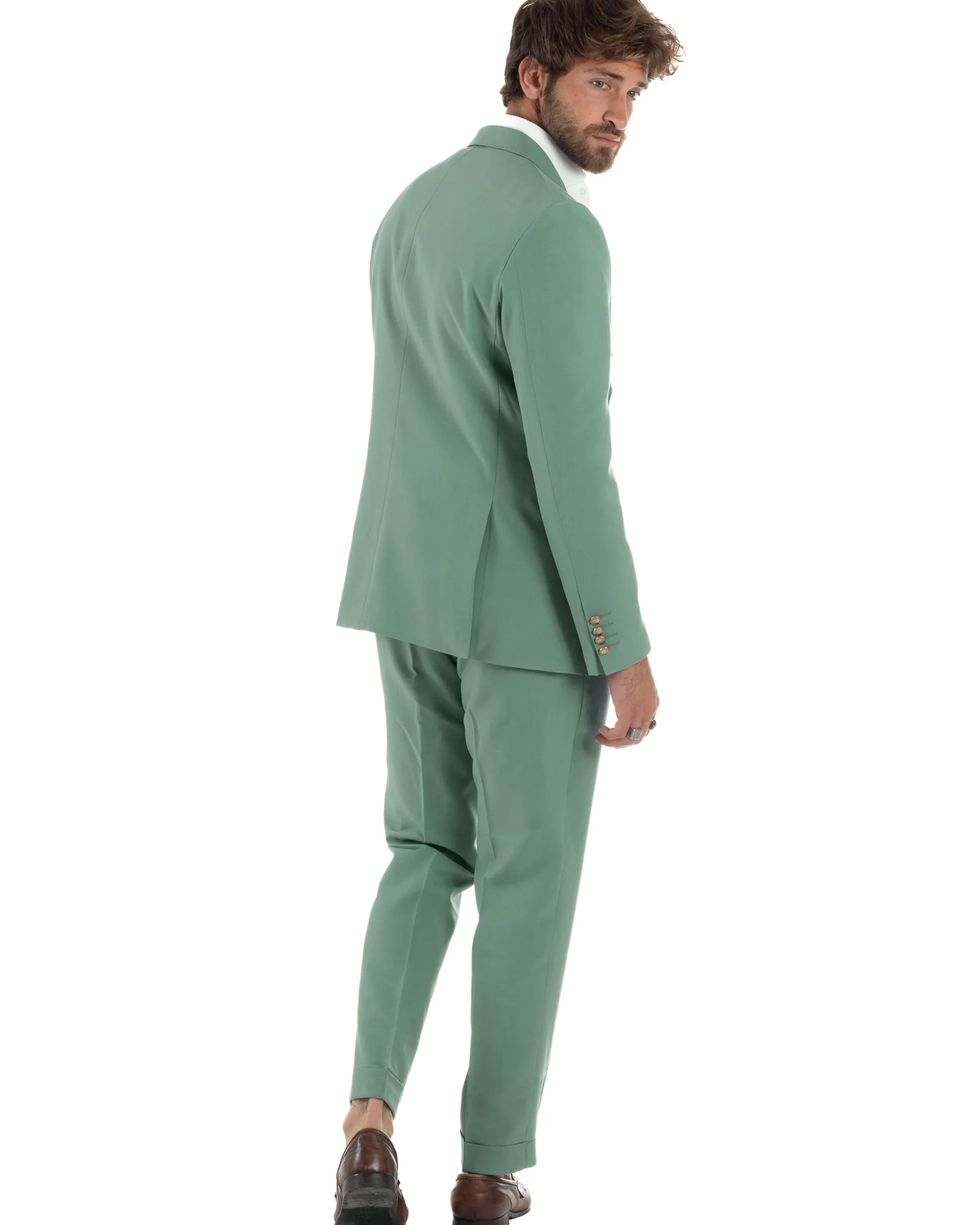 Abito Uomo Doppiopetto Vestito Completo Giacca Pantaloni Bottoni Metallo Verde Salvia AE1162A