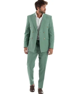 Abito Uomo Doppiopetto Vestito Completo Giacca Pantaloni Bottoni Metallo Verde Salvia AE1162A