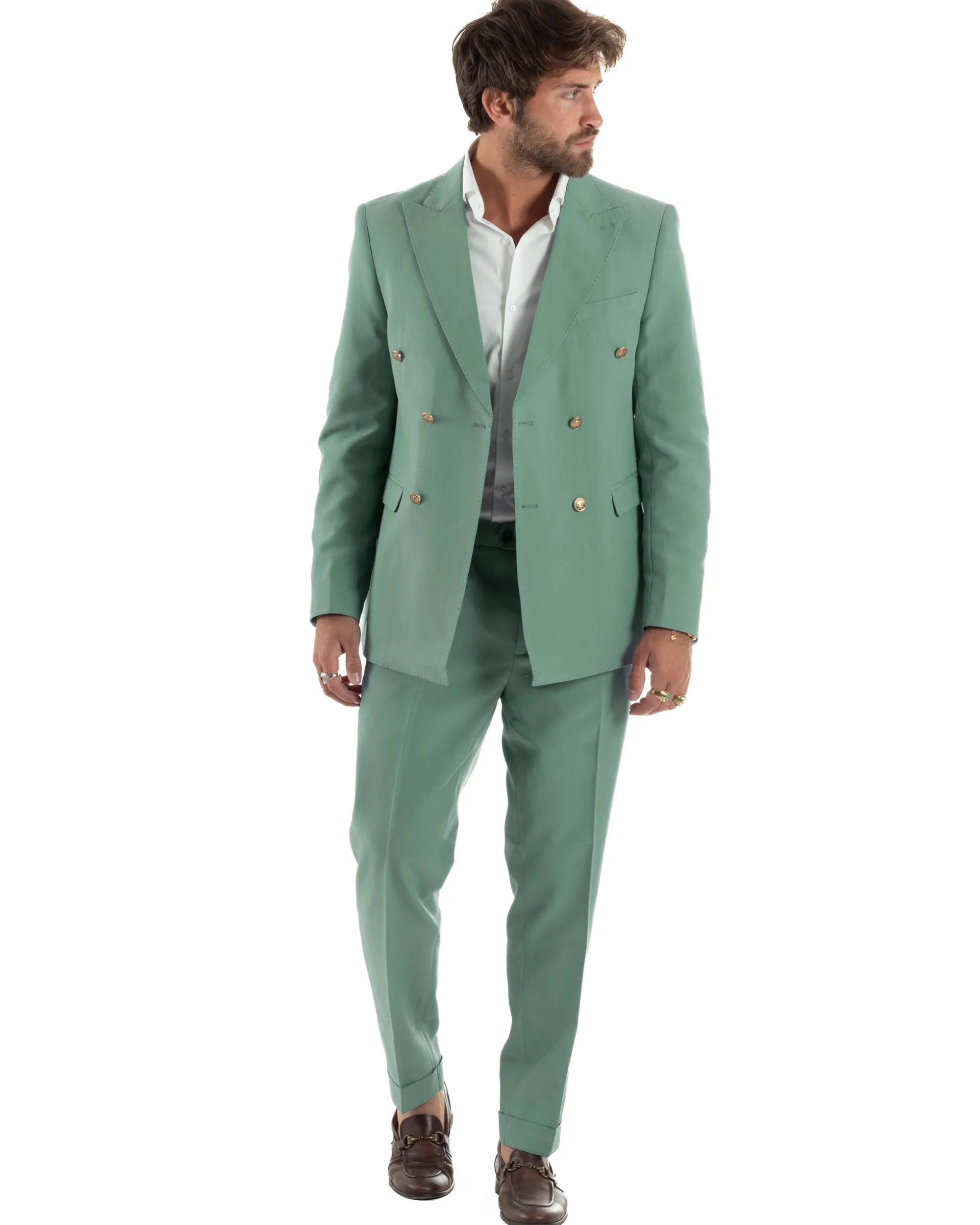 Abito Uomo Doppiopetto Vestito Completo Giacca Pantaloni Bottoni Metallo Verde Salvia AE1162A