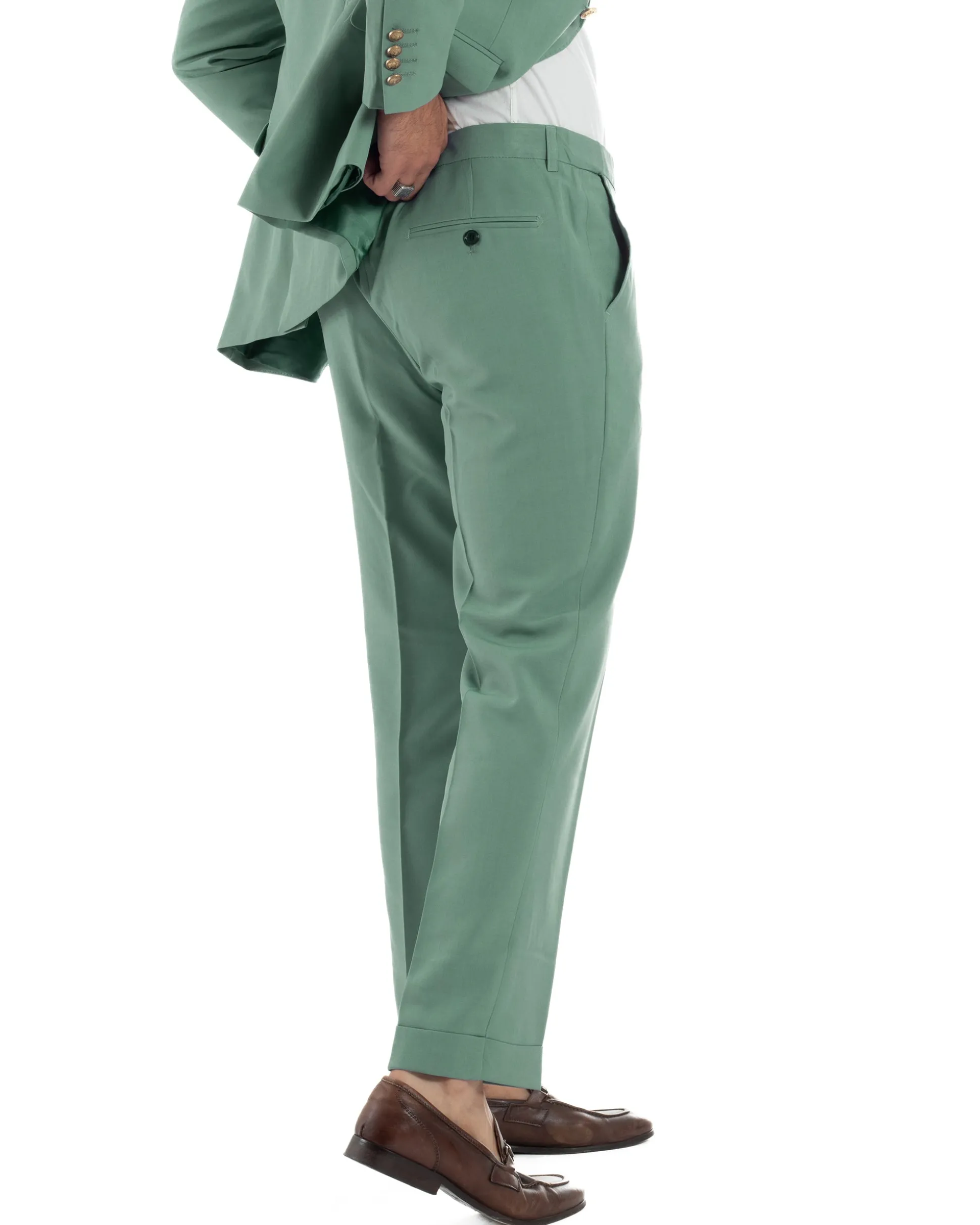 Abito Uomo Doppiopetto Vestito Completo Giacca Pantaloni Bottoni Metallo Verde Salvia AE1162A