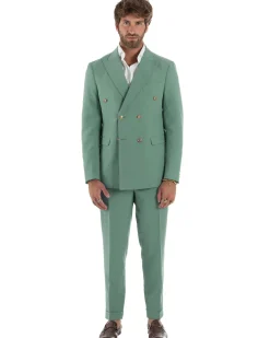 Abito Uomo Doppiopetto Vestito Completo Giacca Pantaloni Bottoni Metallo Verde Salvia AE1162A