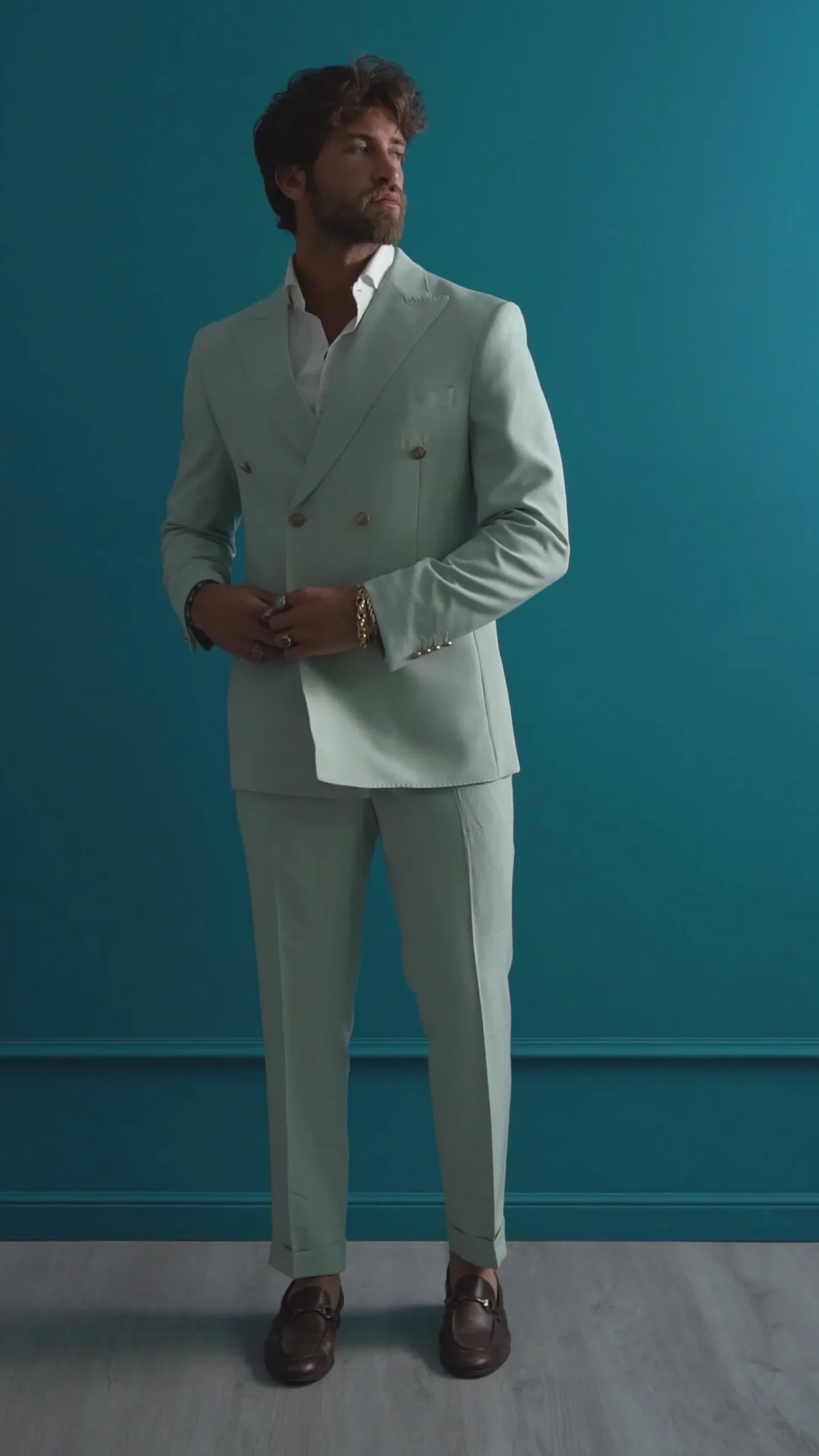 Abito Uomo Doppiopetto Vestito Completo Giacca Pantaloni Bottoni Metallo Verde Salvia AE1162A
