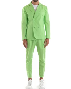 Abito Uomo Doppiopetto Vestito Lino Completo Giacca Pantaloni Tinta Unita Verde Acido Elegante Sartoriale Cerimonia GIOSAL-OU2133A