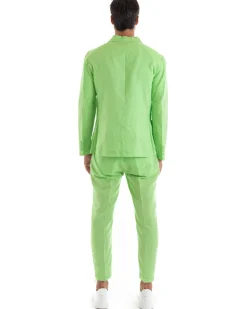 Abito Uomo Doppiopetto Vestito Lino Completo Giacca Pantaloni Tinta Unita Verde Acido Elegante Sartoriale Cerimonia GIOSAL-OU2133A