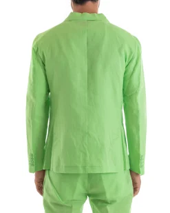 Abito Uomo Doppiopetto Vestito Lino Completo Giacca Pantaloni Tinta Unita Verde Acido Elegante Sartoriale Cerimonia GIOSAL-OU2133A