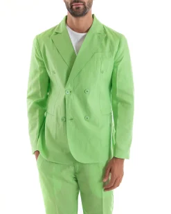 Abito Uomo Doppiopetto Vestito Lino Completo Giacca Pantaloni Tinta Unita Verde Acido Elegante Sartoriale Cerimonia GIOSAL-OU2133A