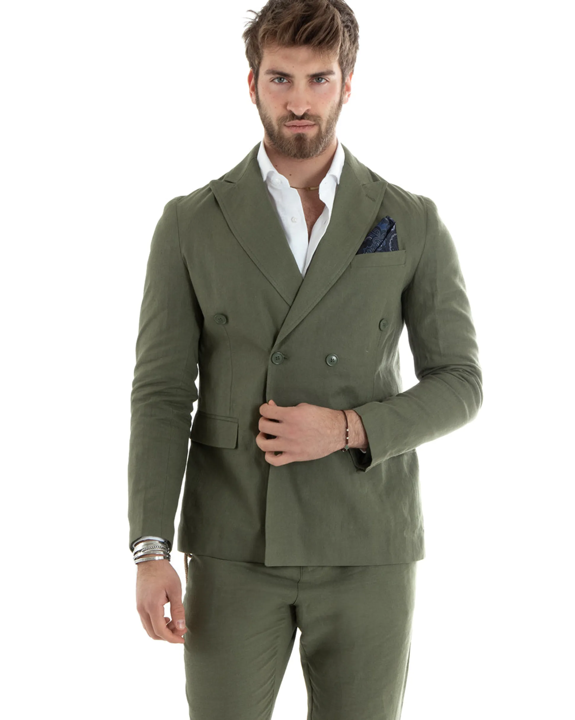 Abito uomo doppiopetto vestito sartoriale lino verde militare GIOSAL-OU2330A