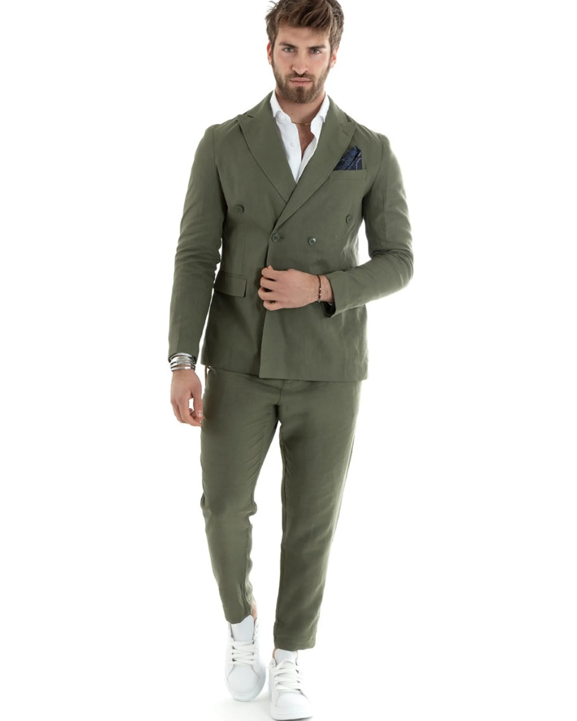 Abito uomo doppiopetto vestito sartoriale lino verde militare GIOSAL-OU2330A