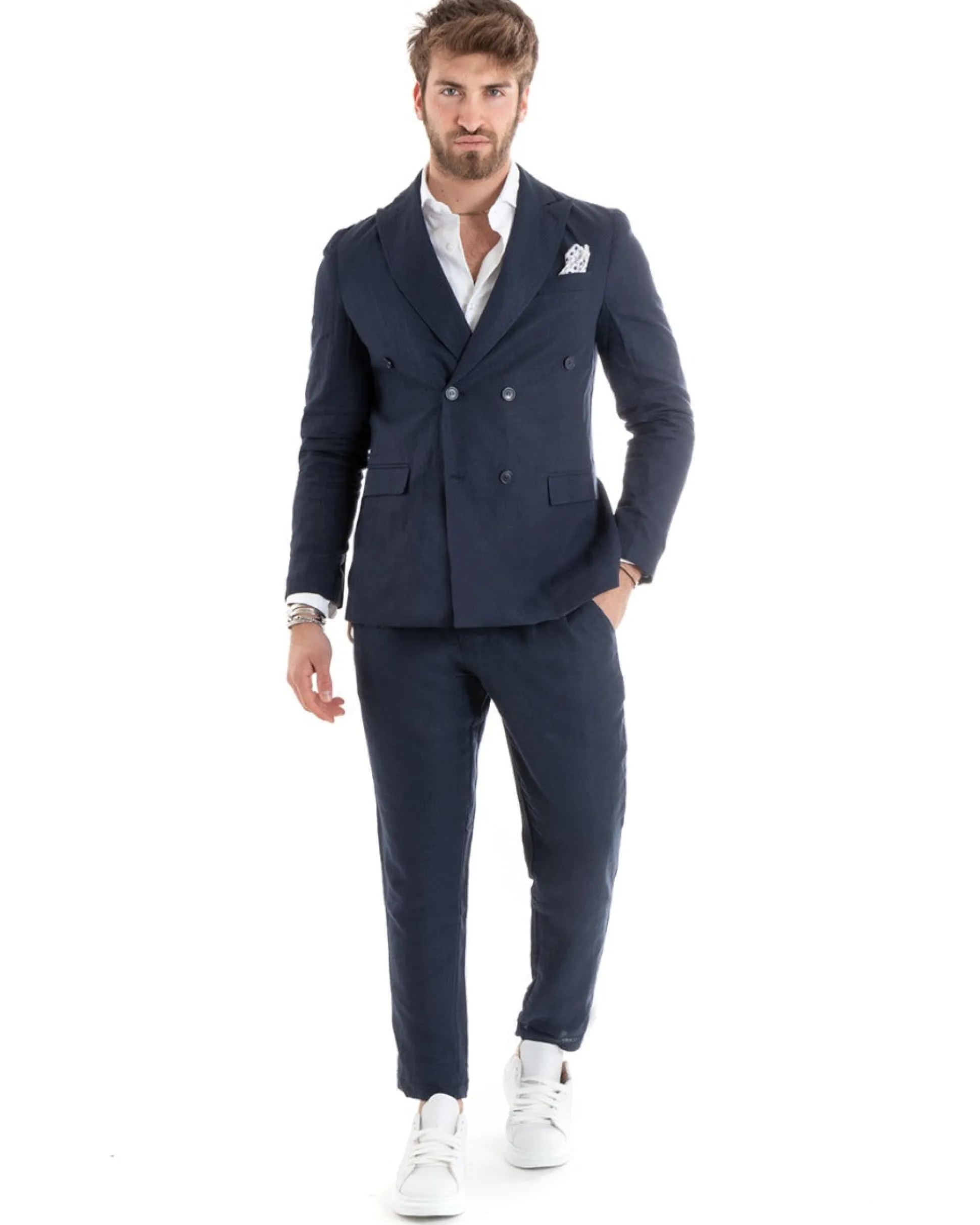 Abito uomo doppiopetto vestito sartoriale lino blu GIOSAL-OU2331A
