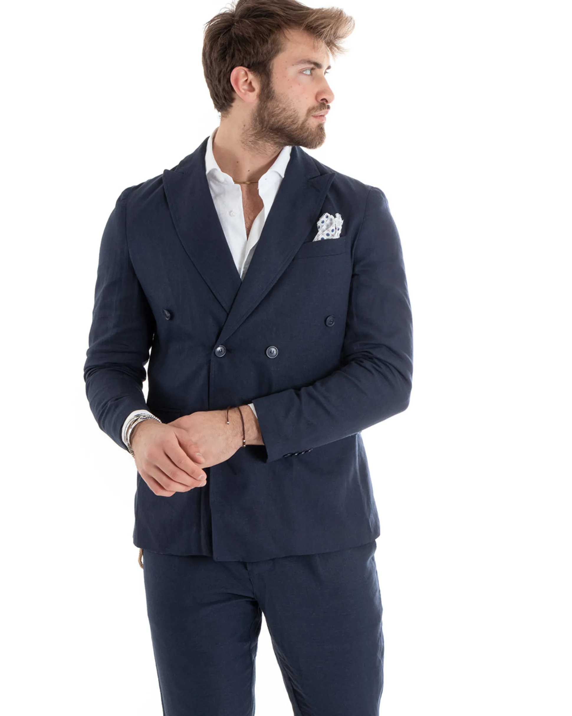 Abito uomo doppiopetto vestito sartoriale lino blu GIOSAL-OU2331A