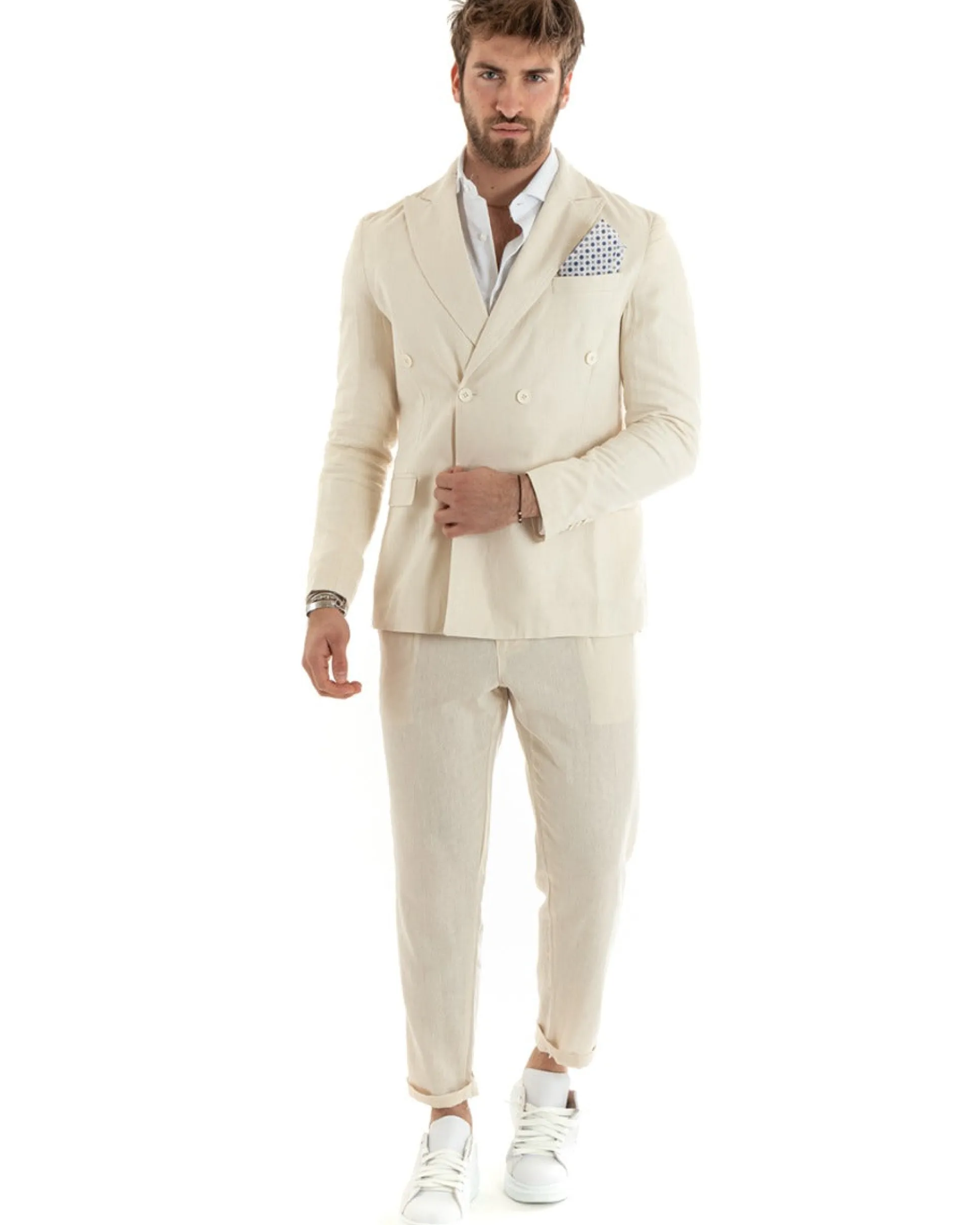 Abito uomo doppiopetto vestito sartoriale lino beige GIOSAL-OU2329A