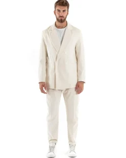 Abito Uomo Doppiopetto Vestito Velluto Completo Giacca Pantaloni Panna Elegante Cerimonia GIOSAL-OU2194A