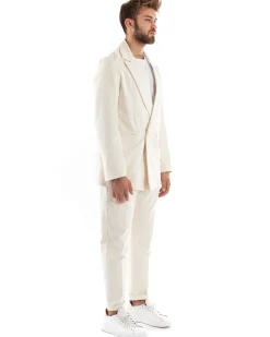 Abito Uomo Doppiopetto Vestito Velluto Completo Giacca Pantaloni Panna Elegante Cerimonia GIOSAL-OU2194A